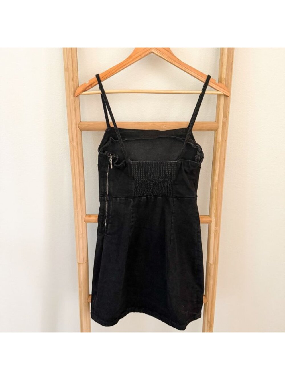 Zara Black Denim Mini Dress Spaghetti Strap Fitted Stretch Size Small - Picture 5 of 8